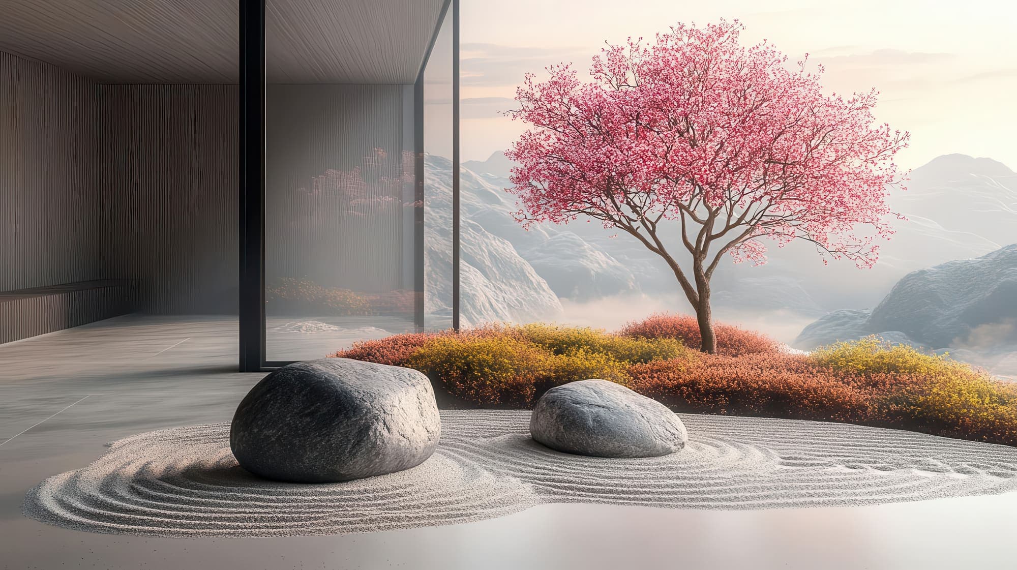 A cherry blossom tree over a raked zen garden with misty mountains beyond