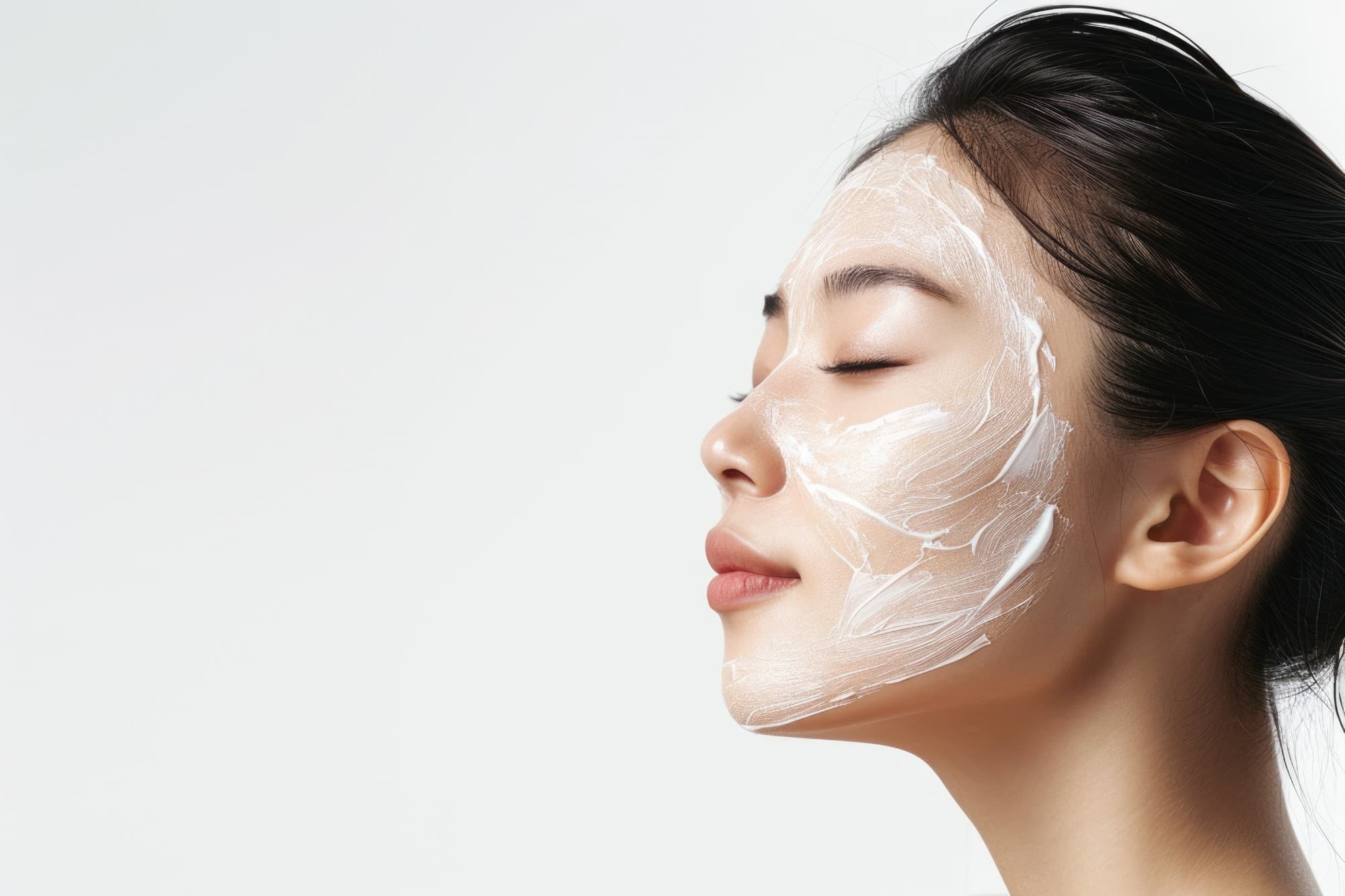 A guest in profile with her eyes closed, a smoothing cream worked across her cheek