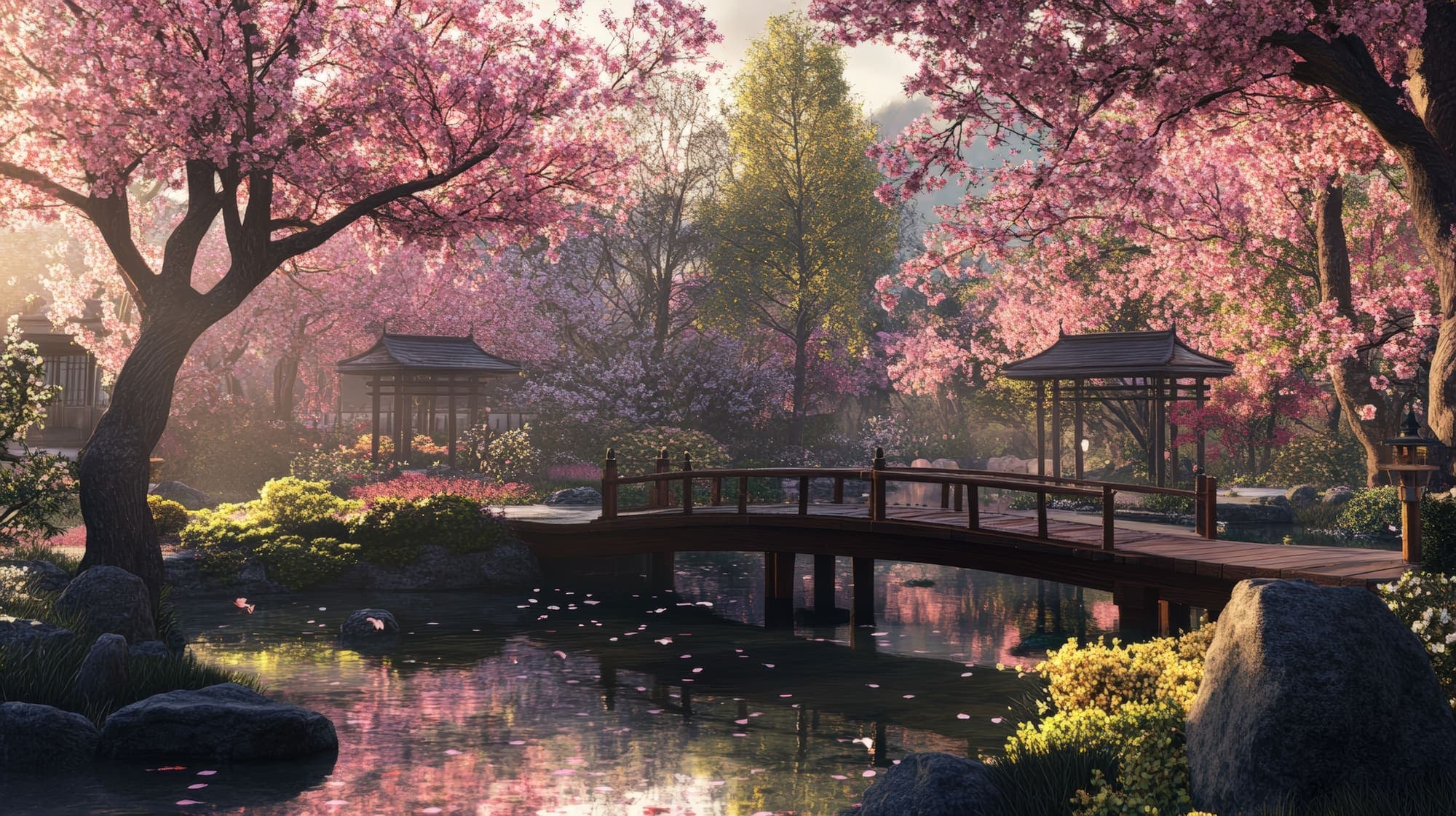 Cherry blossoms over a quiet Japanese garden pond