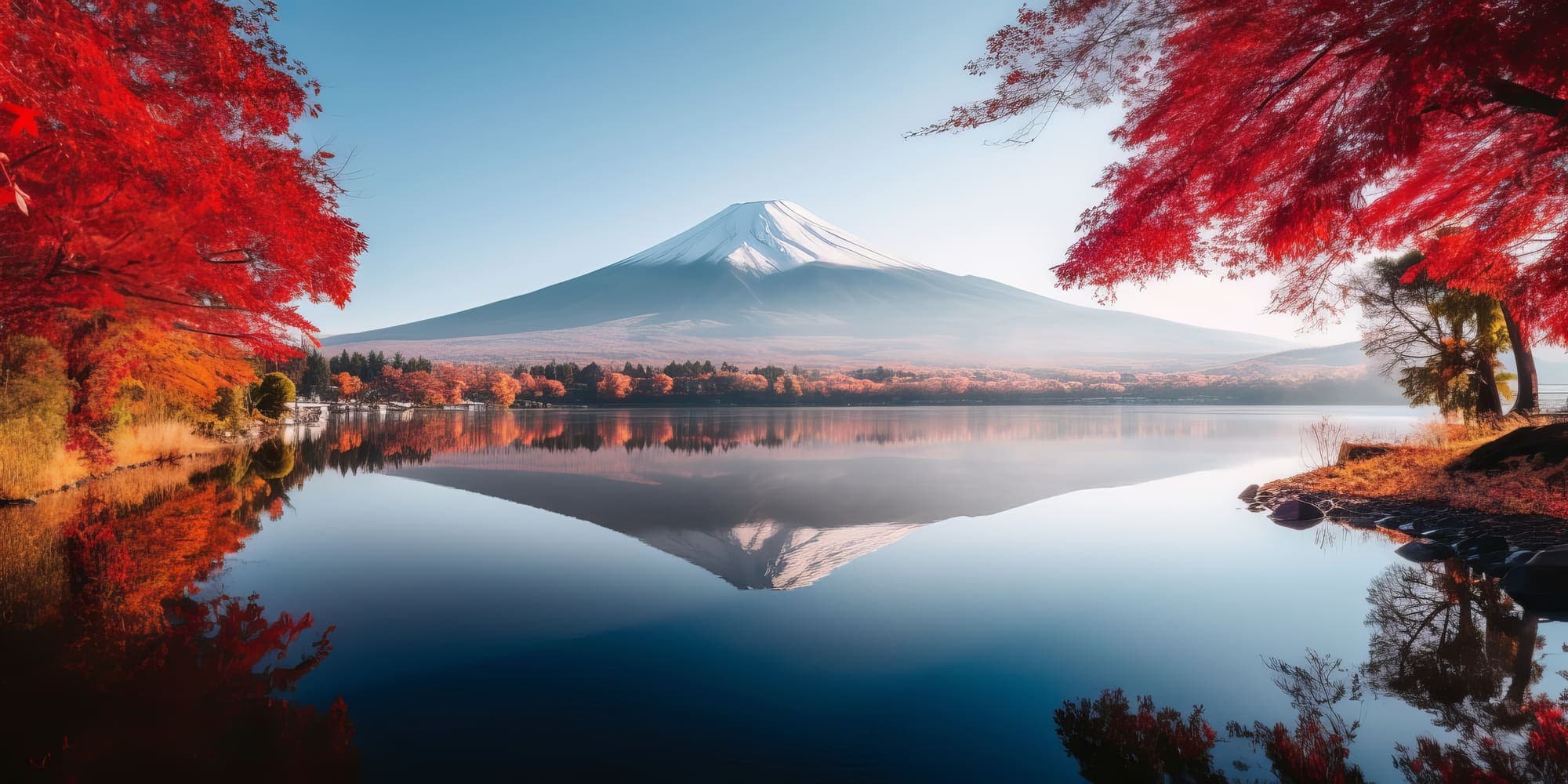 Mount Fuji reflected in a still lake framed by autumn maples