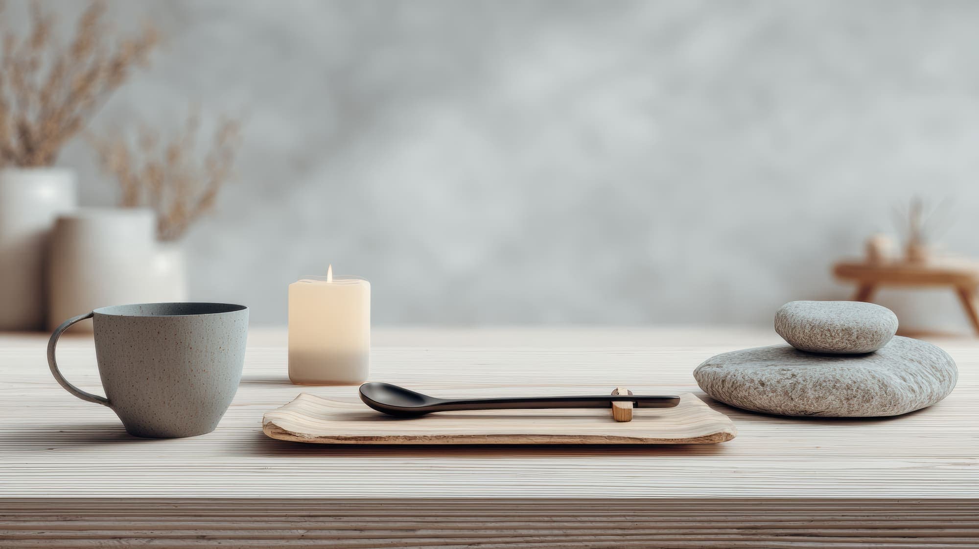 A cup of tea, a candle, and smooth stones on a calm wooden table
