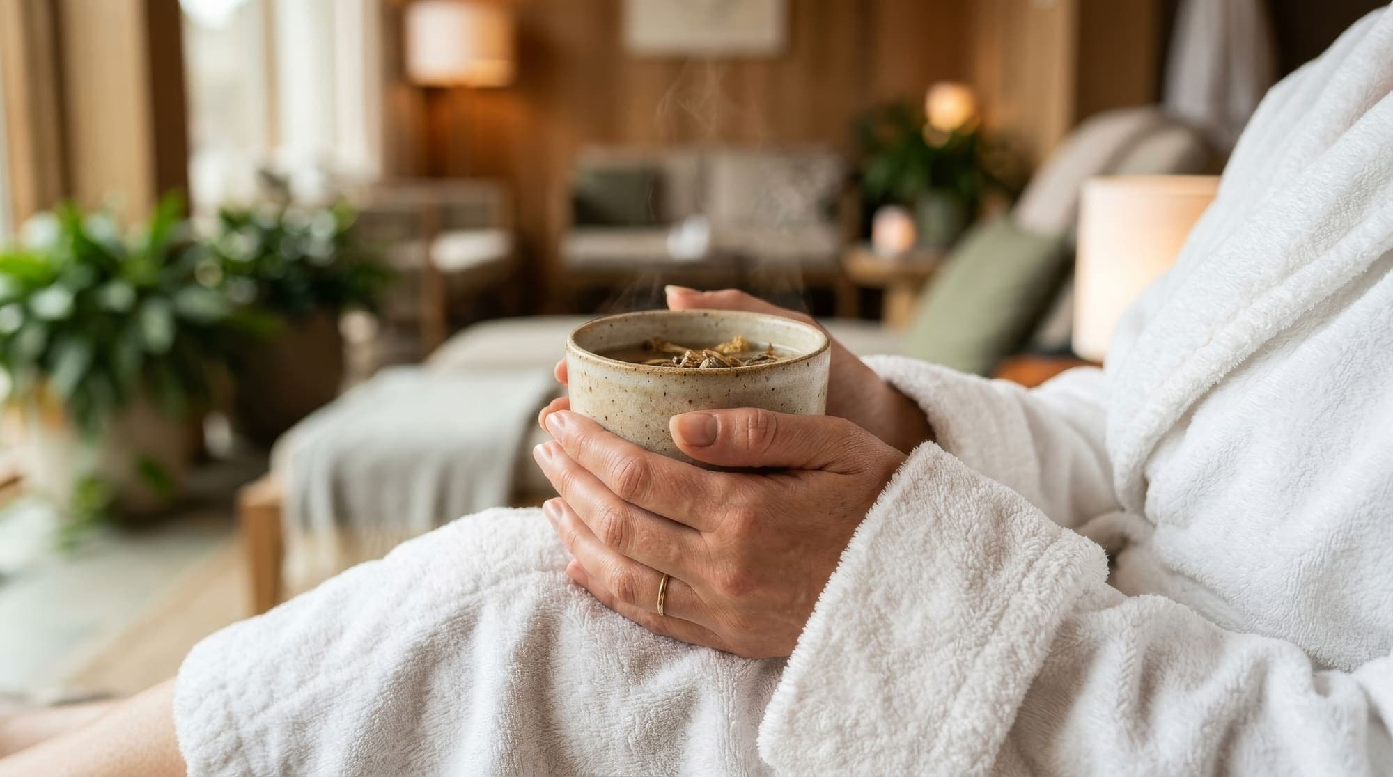 A guest in a soft robe holding a bowl of tea in the lounge