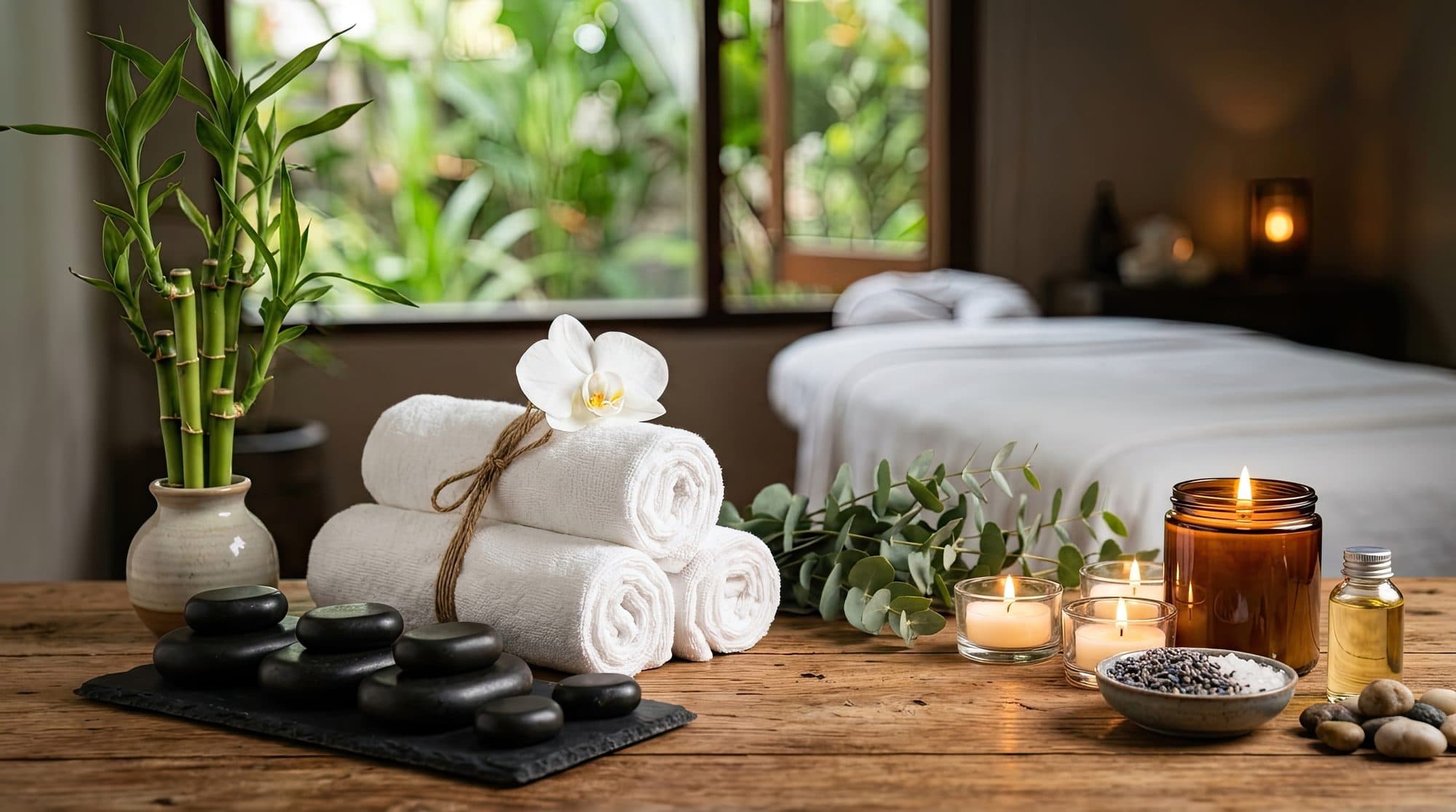 A serene treatment room with candlelight, rolled towels, and soft greenery